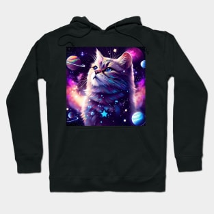 A majestic cat in outer space, surrounded by celestial bodies like stars, planets, and galaxies. Hoodie